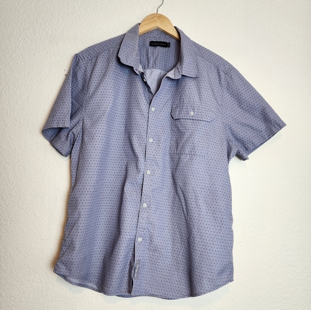 Calvin Klein Jeans Blue Star Print Short Sleeve Button Down Men's Shirt Size XXL